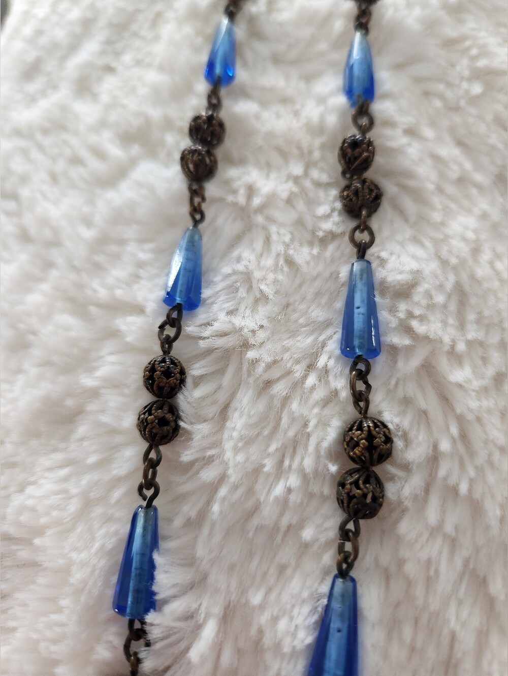 Vintage Blue Glass and Filigree Bead Necklace - Picture 3 of 6